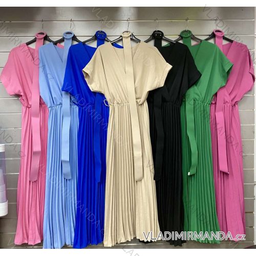Langes, elegantes Damenkleid mit Faltengürtel und kurzen Ärmeln (S/M EINHEITSGRÖSSE) ITALIAN FASHION IMWGS231440
