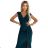 451-1 Glänzendes Kleid mit kurzen Ärmeln, Ausschnitt und Schlitz am Bein - grün
