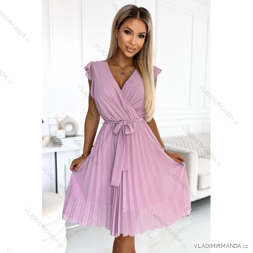 374-3 POLINA Faltenkleid mit Ausschnitt und Rüschen - dirty pink