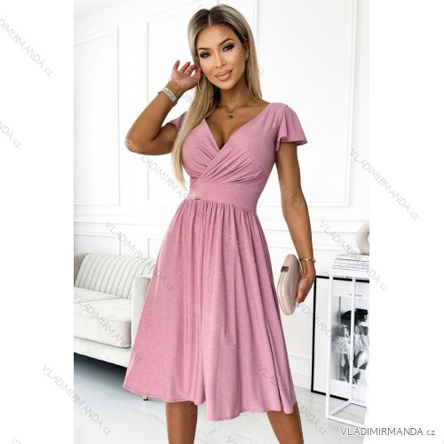 425-2 MATILDE Kleid mit Ausschnitt und kurzen Ärmeln - Puderrosa mit Glitzer