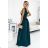 467-1 LOUISE langes Brokatkleid mit Ausschnitt und Beinschlitz – grün