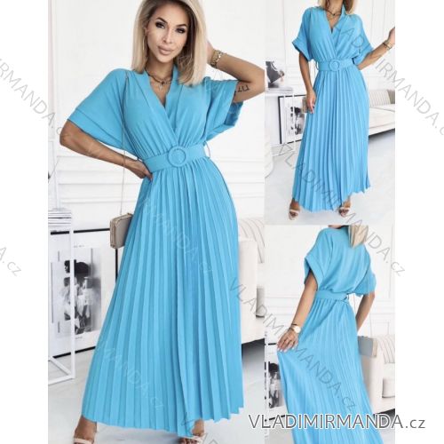 Langes Sommerkleid für Damen mit Faltengürtel und kurzen Ärmeln (S/M EINHEITSGRÖSSE) ITALIAN FASHION IMWGB231995