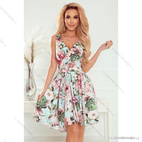 478-1 MAYA Kleid mit längerem Rücken, Ausschnitt und Gürtel – rosa Blumen