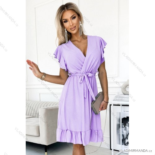 455-3 CORNELIA Kleid mit Rüschen, Ausschnitt und Krawatte - Heidekraut