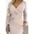 398-3 Elegantes Baumwollkleid mit Umschlagausschnitt und langen Ärmeln – Beige