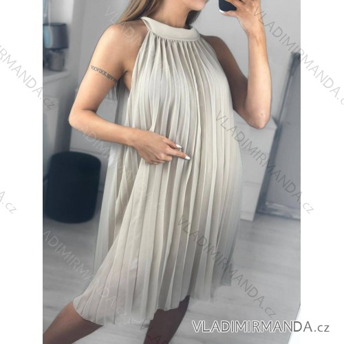 Damen-Sommerkleid aus plissiertem Chiffon ohne Ärmel (Einheitsgröße S/M/L) ITALIAN FASHION IMWY231072/DU M/L Beige