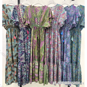 Langes Sommer-Kurzarmkleid für Damen (S/M EINHEITSGRÖSSE) INDIAN FASHION IMPEM23ECO547
