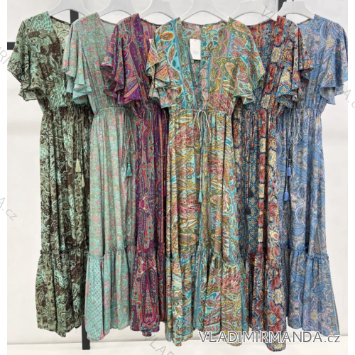 Langes Sommer-Kurzarmkleid für Damen (S/M EINHEITSGRÖSSE) INDIAN FASHION IMPEM23LAE09