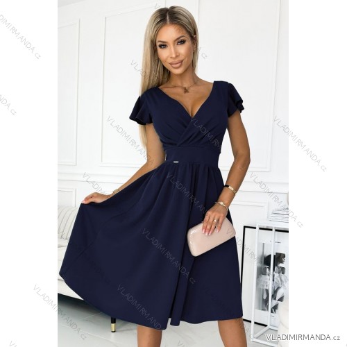 425-3 MATILDE Kleid mit Ausschnitt und kurzen Ärmeln – dunkelblau
