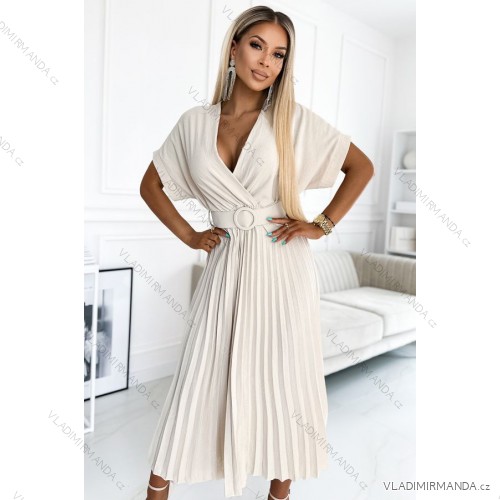 471-1 FELICIA Plissiertes Midikleid mit Ausschnitt und breitem Gürtel – Beige