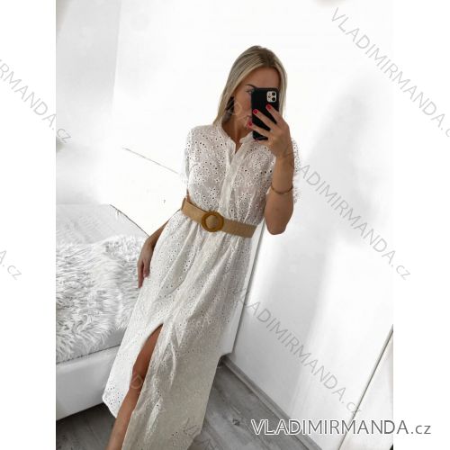 Langes Spitzenhemdkleid für Damen aus Baumwolle mit Gürtel, kurzen Ärmeln (S/M EINHEITSGRÖSSE) ITALIAN FASHION IMWGB231815