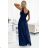 490-1 SUSAN Langes Brokatkleid mit Ausschnitt und Nähten in der Taille – Marineblau