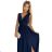 490-1 SUSAN Langes Brokatkleid mit Ausschnitt und Nähten in der Taille – Marineblau