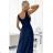 490-1 SUSAN Langes Brokatkleid mit Ausschnitt und Nähten in der Taille  Marineblau - Farbe   dunkelblau - Velikost   L