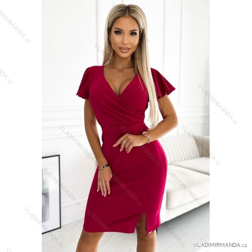 479-4 NINA-Kleid mit Umschlagausschnitt, Ärmeln und Gürtel – Fuchsia