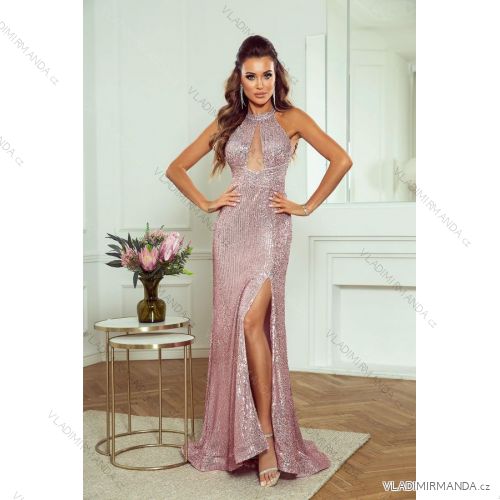 Langes, elegantes Damenkleid mit breiten Trägern (SL) FRENCH FASHION FMPEL23VELVET pink 34