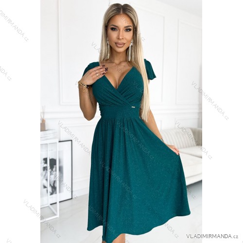 425-6 MATILDE Kleid mit Ausschnitt und kurzen Ärmeln – grün mit Glitzer