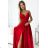 512-5 JULIET elegantes langes Satinkleid mit Ausschnitt und Beinschlitz – rot