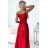 512-5 JULIET elegantes langes Satinkleid mit Ausschnitt und Beinschlitz – rot