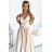 512-3 JULIET elegantes langes Satinkleid mit Ausschnitt und Beinschlitz – Beige