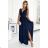 490-1 SUSAN Langes Brokatkleid mit Ausschnitt und Nähten in der Taille  Marineblau - Farbe   dunkelblau - Velikost   L
