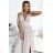 490-2 SUSAN Langes Brokatkleid mit Ausschnitt und Nähten in der Taille – Beige