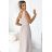 490-2 SUSAN Langes Brokatkleid mit Ausschnitt und Nähten in der Taille – Beige