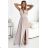 490-2 SUSAN Langes Brokatkleid mit Ausschnitt und Nähten in der Taille – Beige