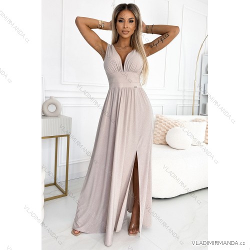 490-2 SUSAN Langes Brokatkleid mit Ausschnitt und Nähten in der Taille – Beige