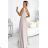 490-2 SUSAN Langes Brokatkleid mit Ausschnitt und Nähten in der Taille – Beige