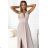 490-2 SUSAN Langes Brokatkleid mit Ausschnitt und Nähten in der Taille – Beige