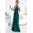 490-3 SUSAN Langes Brokatkleid mit Ausschnitt und Nähten in der Taille – grün