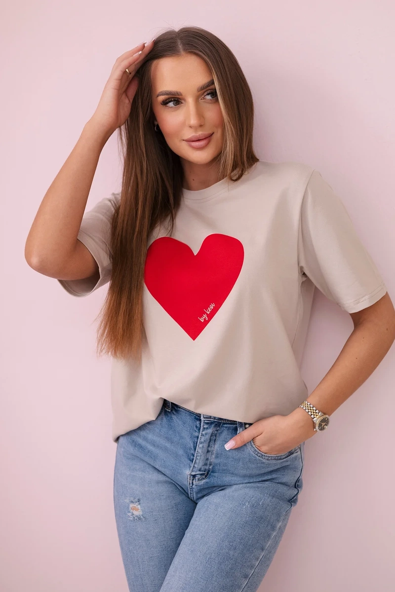 Beigefarbene Baumwollbluse mit Herzprint