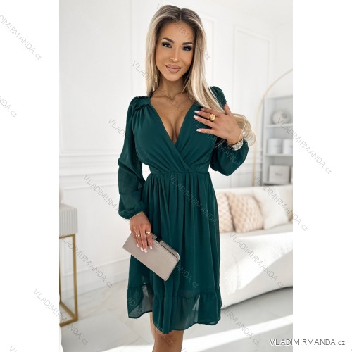 538-2 MILA Chiffon Midikleid mit langen Ärmeln und Ausschnitt - grün