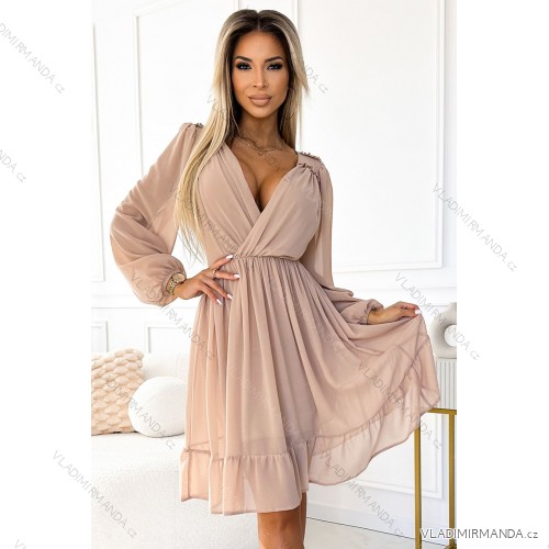 538-1 MILA Chiffon Midikleid mit langen Ärmeln und Ausschnitt - beige