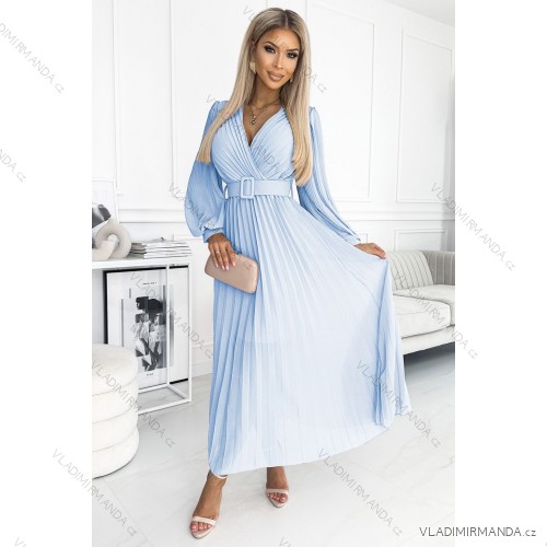 414-10 KLARA Plisseekleid mit Gürtel und Ausschnitt - hellblaue Farbe