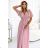 545-1 Langes Kleid mit plissiertem Ausschnitt und Bändern - puderrosa
