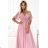 545-1 Langes Kleid mit plissiertem Ausschnitt und Bändern - puderrosa