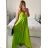 Langes Sommerkleid aus Satin mit Trägern Damen mit Gürtel (UNI S / M) ITALIAN FASHION IMM22INFINITE -   grüne Erbse -   S / M