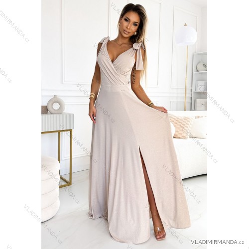 405-6 ELENA Langes Kleid mit Ausschnitt und Bändern an den Schultern - beige mit Glitzer