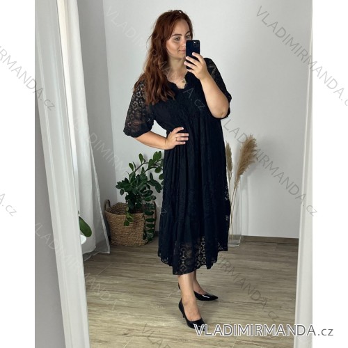 Damen-Sommerkleid aus Spitze in Übergröße mit kurzen Ärmeln (XL/2XL/3XL Einheitsgröße) ITALIAN FASHION IMB23HIPP 56/58 schwarz