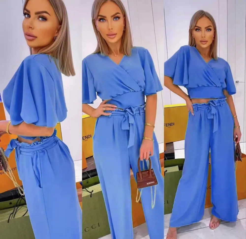 Elegantes Crop-Top-Set mit kurzen Ärmeln und langen Hosen für Damen (Einheitsgröße S/M) ITALIAN FASHION IMPGM242950