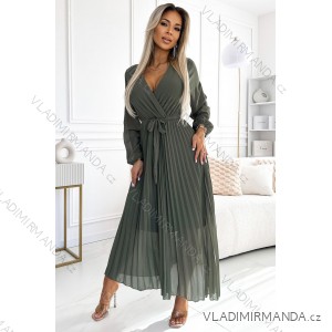 537-2 Plissiertes Chiffonkleid mit Rundhalsausschnitt, langen Ärmeln und gebundenem Gürtel - KHAKI