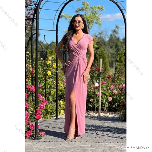 Langes, elegantes Damenkleid mit breiten Trägern (SL) FRENCH FASHION FMPEL23VELVET Rose alte Rose 42