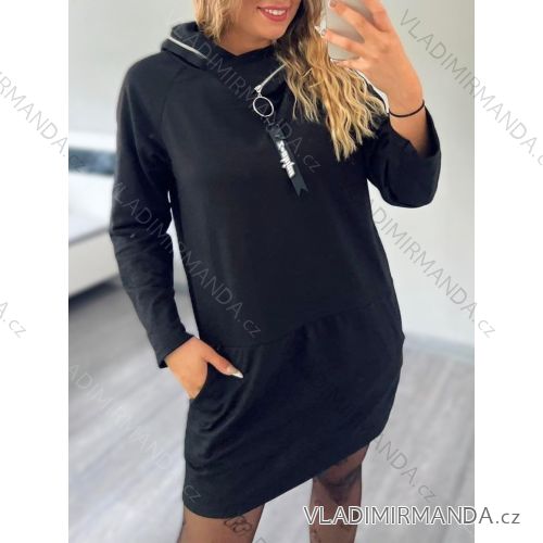 Šaty mikinové s kapucí dlouhý rukáv dámské (S/M/L ONE SIZE) ITALSKÁ MÓDA IMD21957