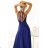 566-1 PERLA Langes schimmerndes Kleid mit einzigartiger Rückenschleife - marineblau