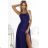 566-1 PERLA Langes schimmerndes Kleid mit einzigartiger Rückenschleife - marineblau