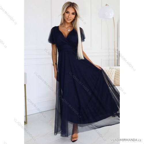 562-1 NASTIA Langes Kleid mit Ausschnitt und kurzen Ärmeln - marineblau