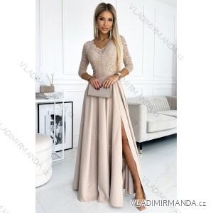 309-10 AMBER Spitze, elegantes langes Kleid mit Ausschnitt und Beinschlitz  Beige