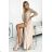 309-10 AMBER Spitze, elegantes langes Kleid mit Ausschnitt und Beinschlitz  Beige beige L